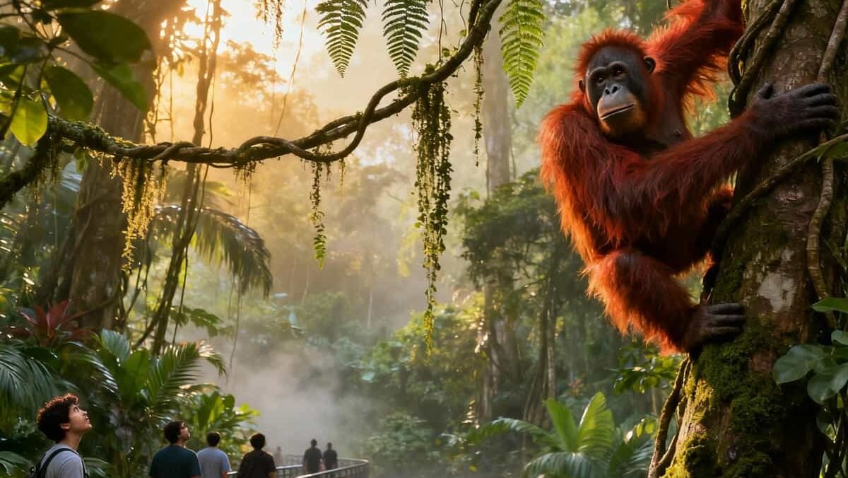 Orangutans swinging above visitors at Singapore Zoo on a boardwalk