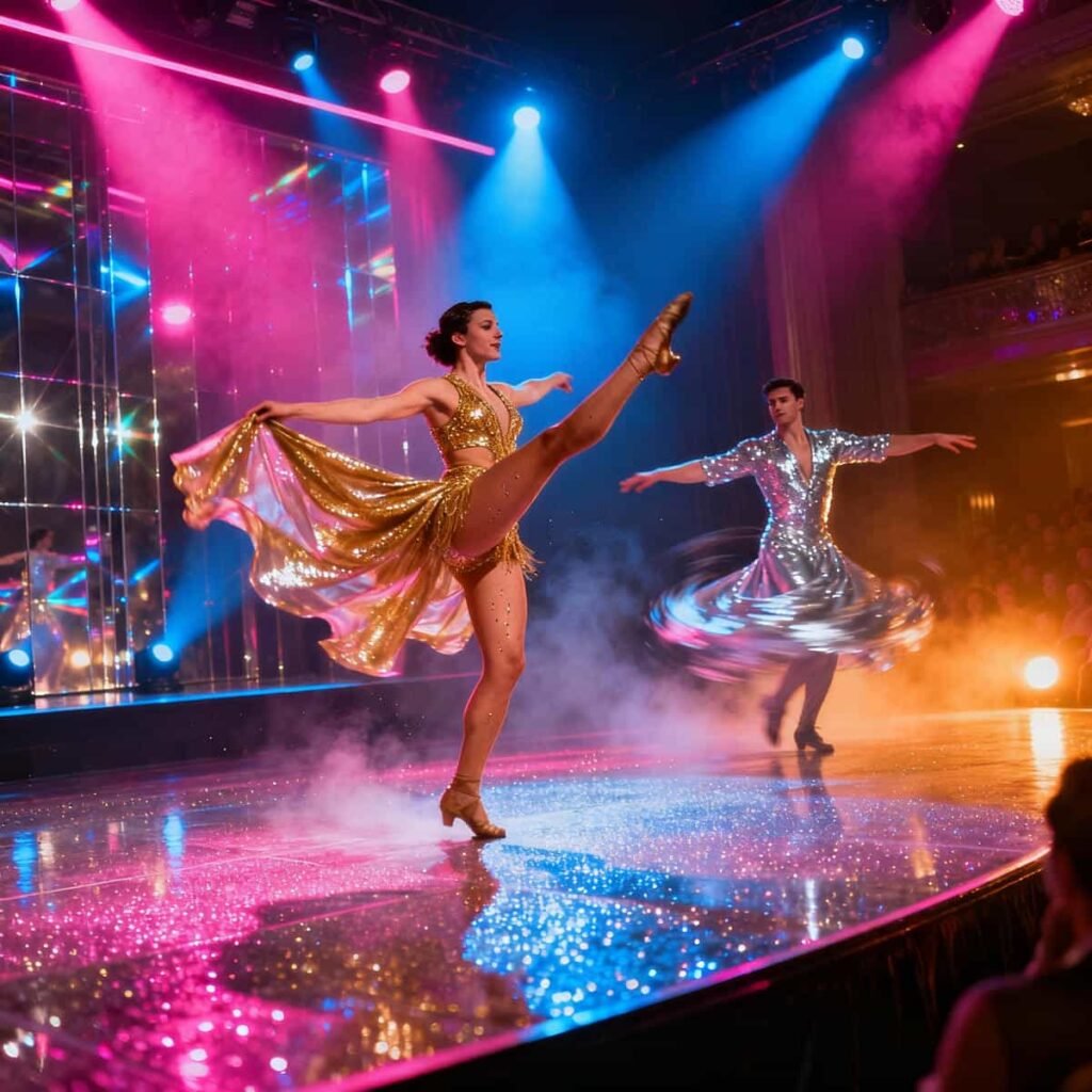 Performers in sequined gowns and dramatic lighting on stage at a Bangkok cabaret show. Bangkok Cabaret Show Tickets