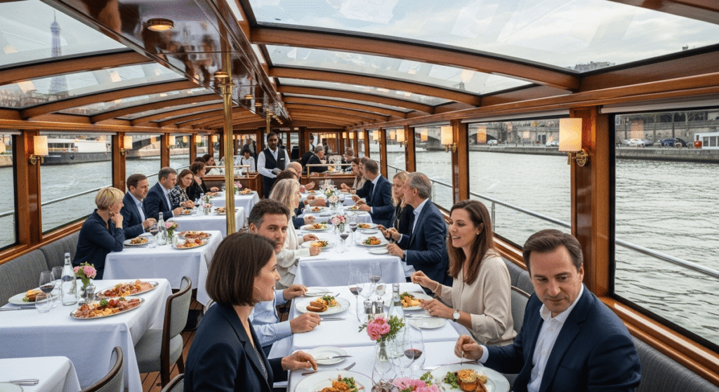 Bateaux Mouches Lunch Cruise Tickets: Bateaux Mouches lunch cruise boat passing Eiffel Tower with diners inside