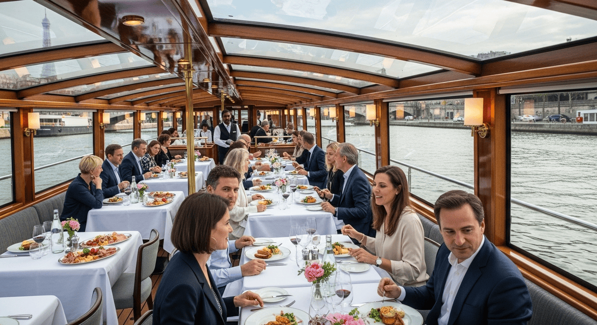Bateaux Mouches Lunch Cruise Tickets: Bateaux Mouches lunch cruise boat passing Eiffel Tower with diners inside