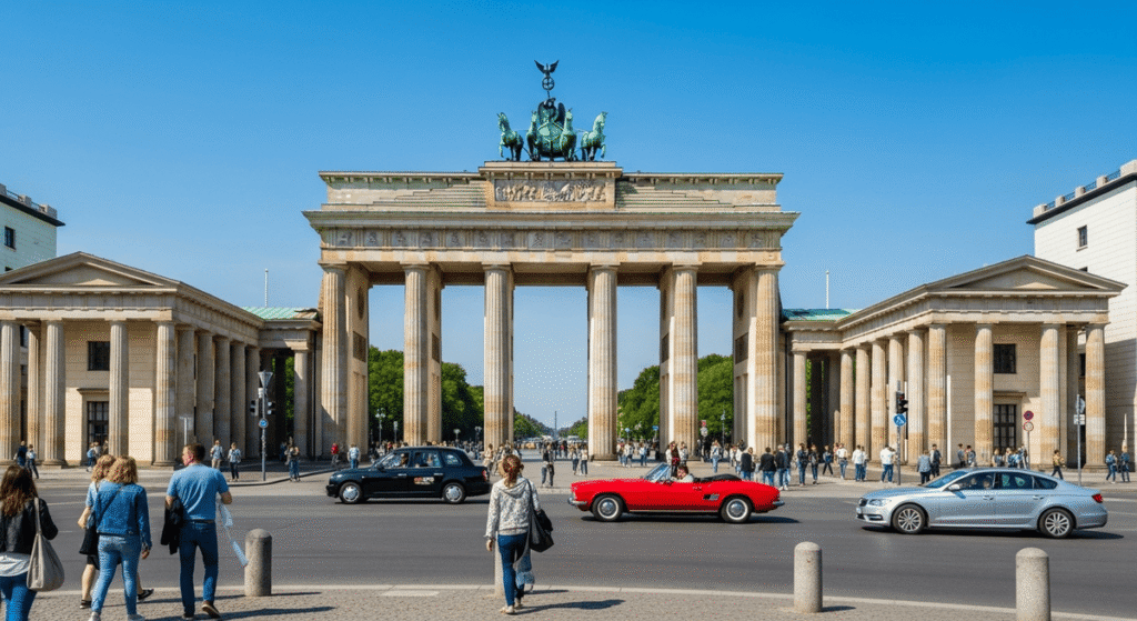 Berlin Travel Guide: The Brandenburg Gate in Berlin during daylight with pedestrians and clear blue sky.