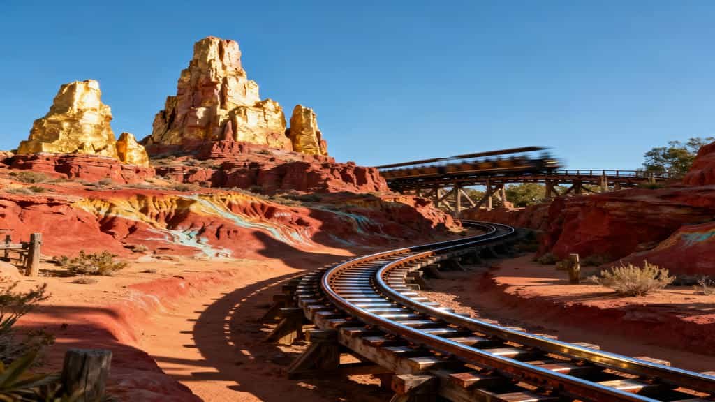 Magic Kingdom Guide 2026: Refurbished Big Thunder Mountain Railroad coaster in Frontierland, Magic Kingdom, under clear blue sky.