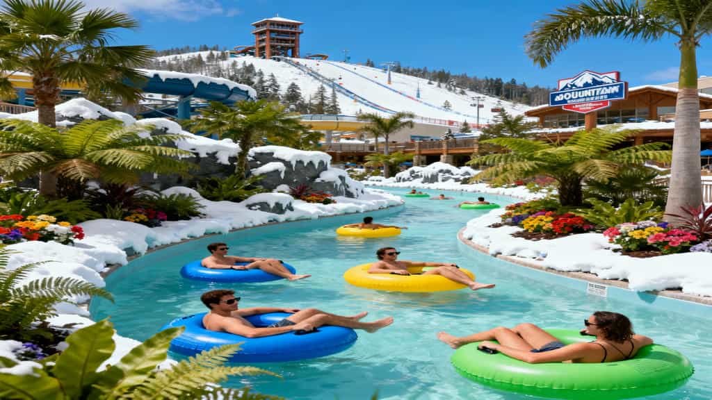 Guests floating on colorful inner tubes in Cross-Country Creek lazy river at Blizzard Beach with tropical palm trees, lush landscaping, and ski-themed decorations along the banks.