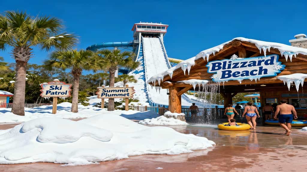 Blizzard Beach water park entrance with faux snowdrifts, ski lodge signage, palm trees, and colorful directional signs showing the melting ski resort theme.