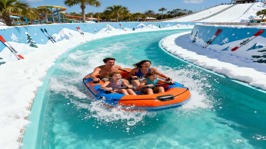 Family of four on circular raft ride at Blizzard Beach with splashing water, curved flume channel, and ski slope themed walls.