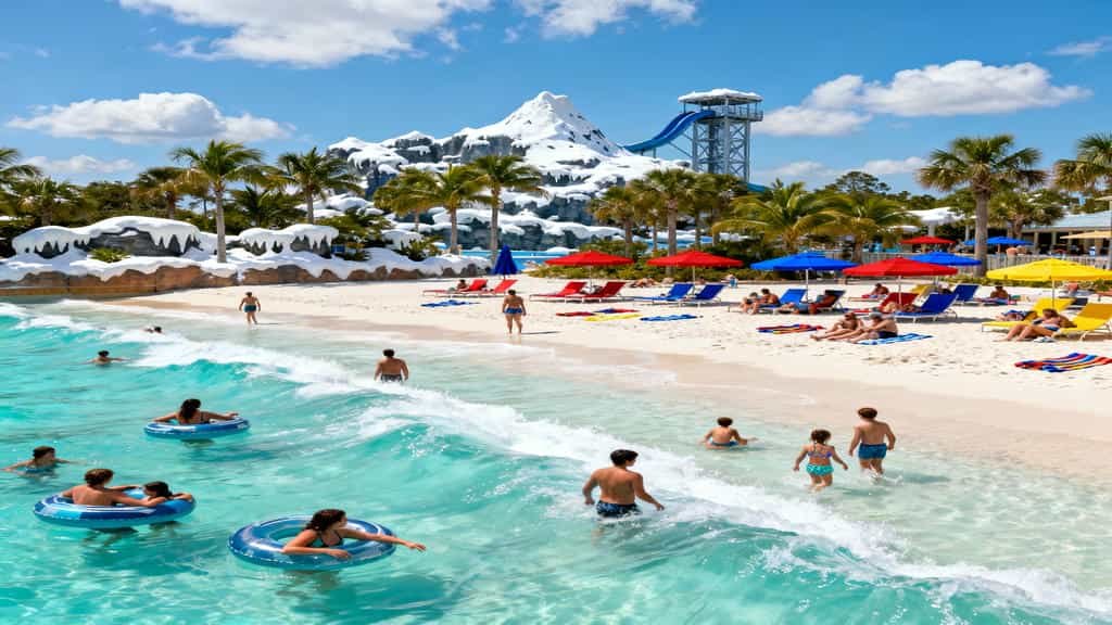 Melt-Away Bay wave pool at Blizzard Beach with families in the water, colorful beach loungers, umbrellas, palm trees, and the summit tower in the distance.