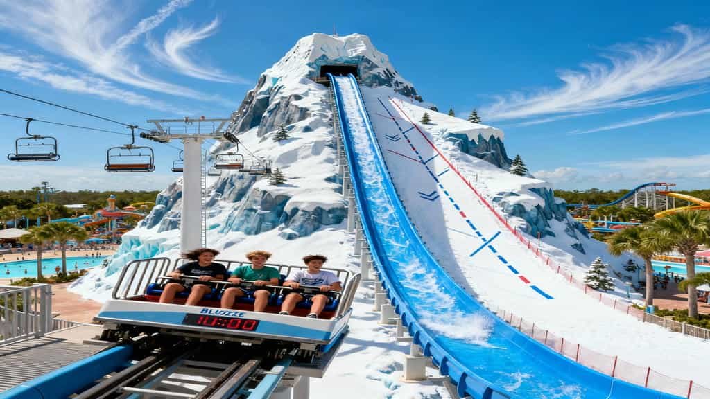 Towering near-vertical water slide at Blizzard Beach summit with ski slope theming, chairlift, and riders preparing to descend with panoramic park views.