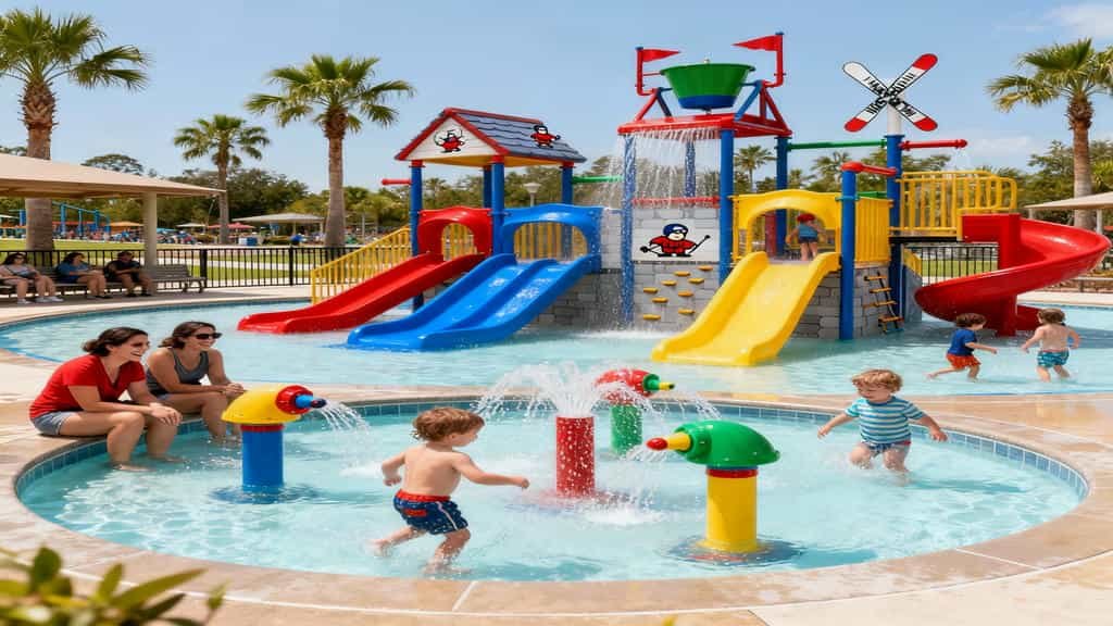 Young children playing in Tike's Peak kid zone at Blizzard Beach with colorful water jets, small slides, splash pools, and parents supervising in a safe play area.