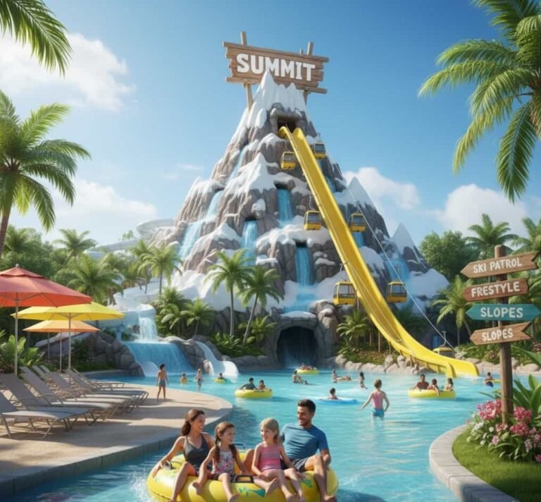 Family floating on a yellow raft in a lazy river with umbrellas, wave pool and a tall slide tower with a chairlift at a whimsically themed water park.
