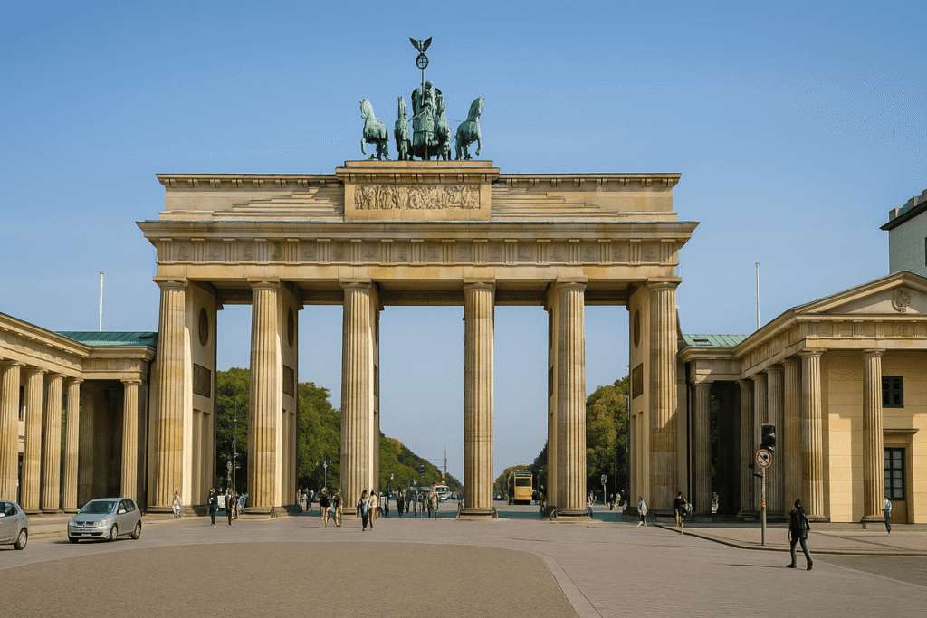 The Brandenburg Gate in Berlin on a sunny day with clear blue skies.