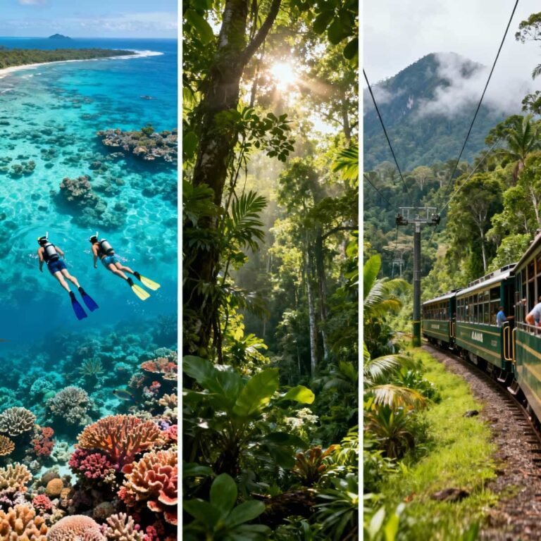 Cairns Three Must-Do Tours: Views of reef snorkeling, lush rainforest, and a scenic railway ride in tropical Cairns.