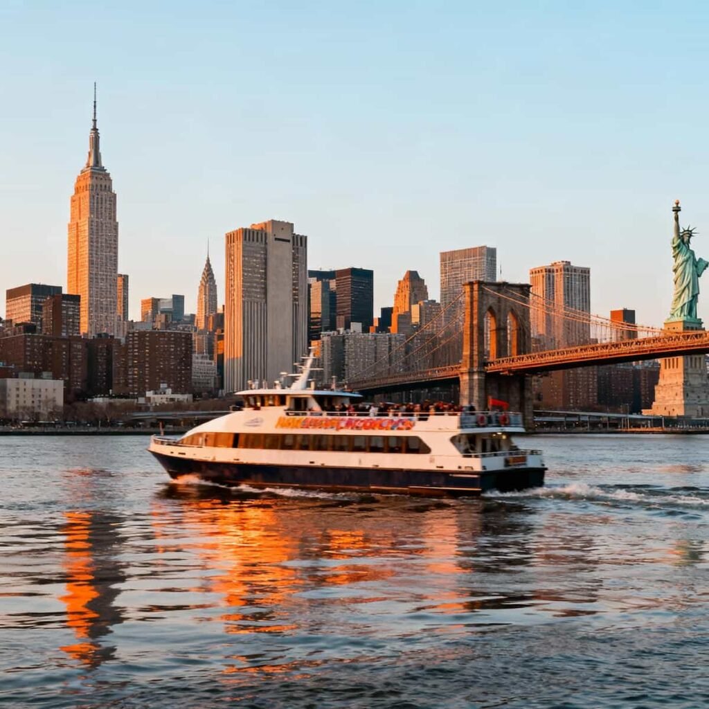 Circle Line Complete Manhattan Island Cruise Tickets: A Sightseeing cruise boat passing Manhattan skyline with Statue of Liberty and bridges in view.
