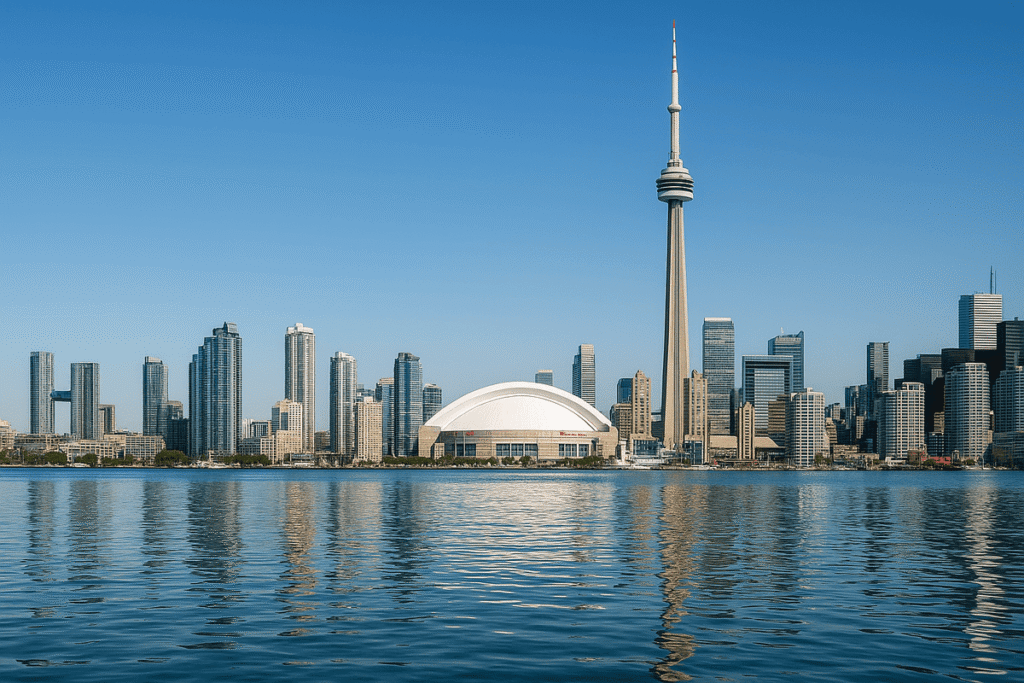 The CN Tower rising above Toronto’s skyline with Lake Ontario in the foreground.