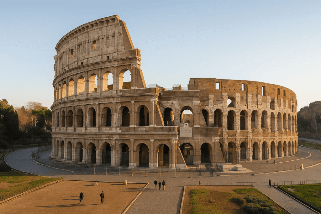 The Colosseum in Rome captured in morning light with visitors nearby.