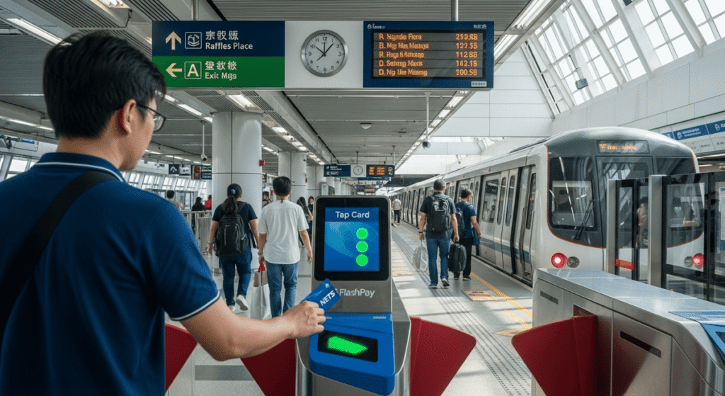 NETS FlashPay Travel Card: A Commuter tapping a NETS FlashPay card at a Singapore MRT gate with trains and station signage visible in the background.