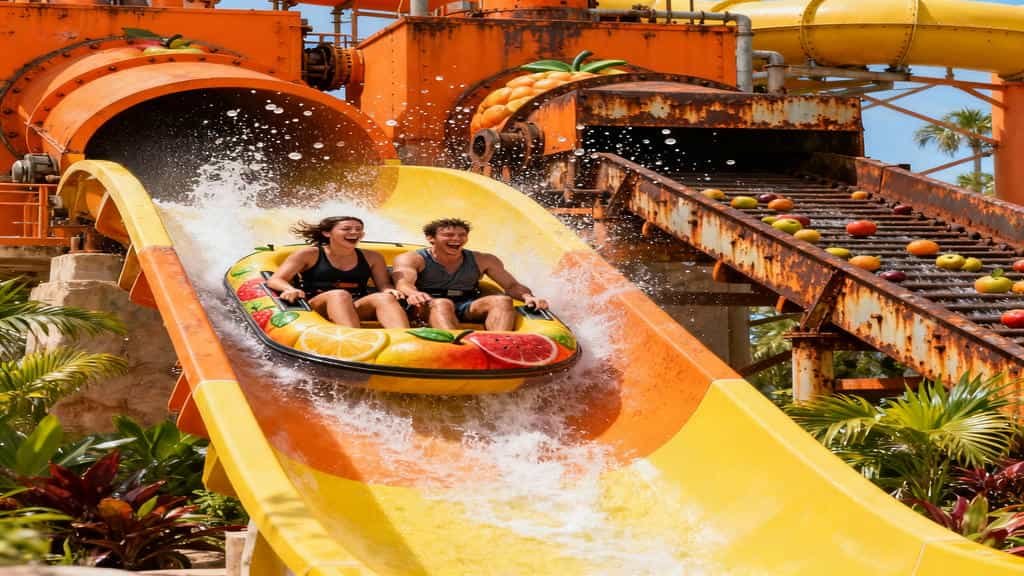 Riders on raft being propelled uphill on Crush 'n' Gusher water coaster with fruit processing theming