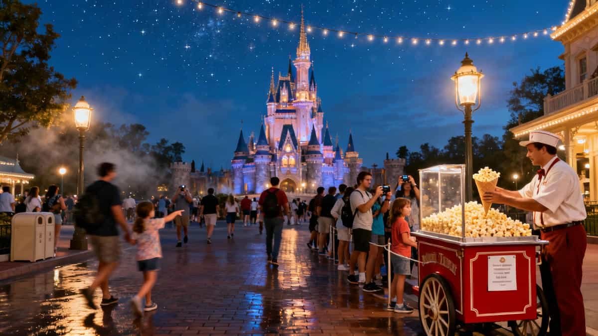 Disney After Hours Tickets: Nighttime at Magic Kingdom with Cinderella Castle lit in blue and purple and a snack cart serving guests during Disney After Hours.