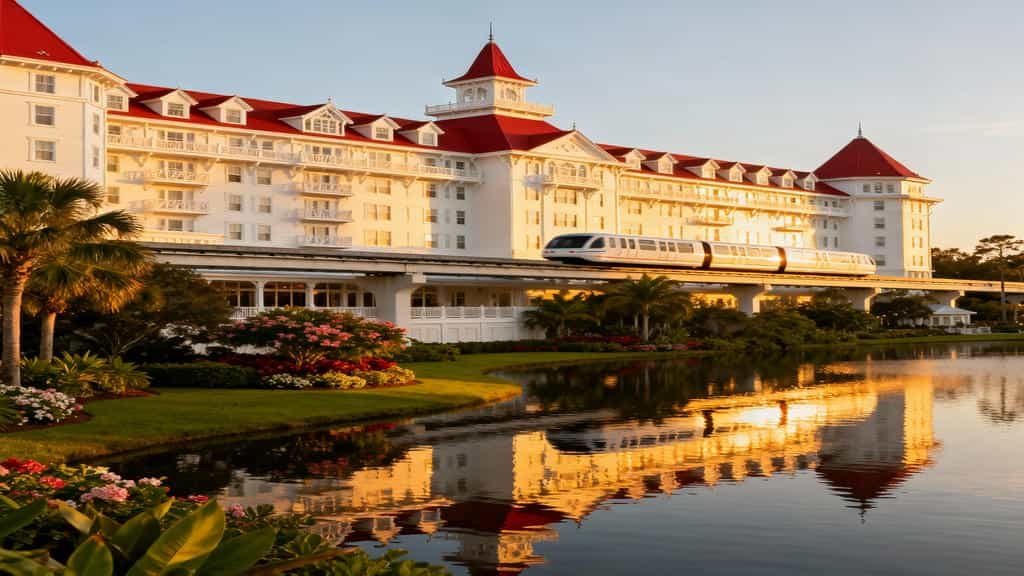 Grand Floridian Resort & Spa at golden hour with calm lagoon and monorail in background.