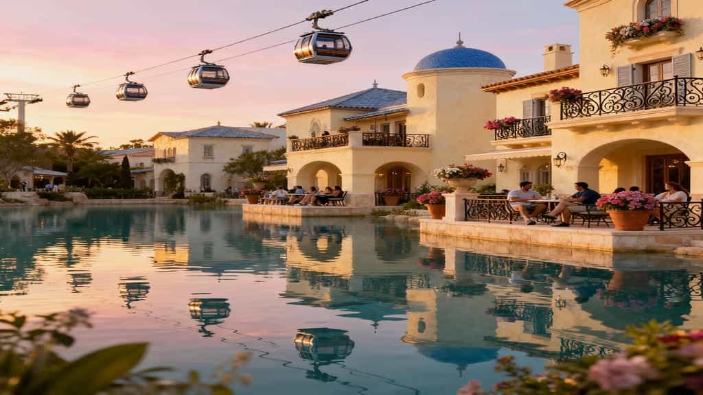 Disney’s Riviera Resort at golden hour with calm water reflections, balconies, and Disney Skyliner cabins overhead.