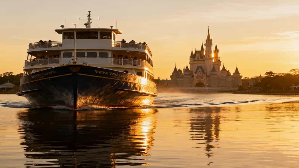 Disney ferryboat sailing toward Magic Kingdom during golden hour with warm sunlight and Cinderella Castle in the distance.