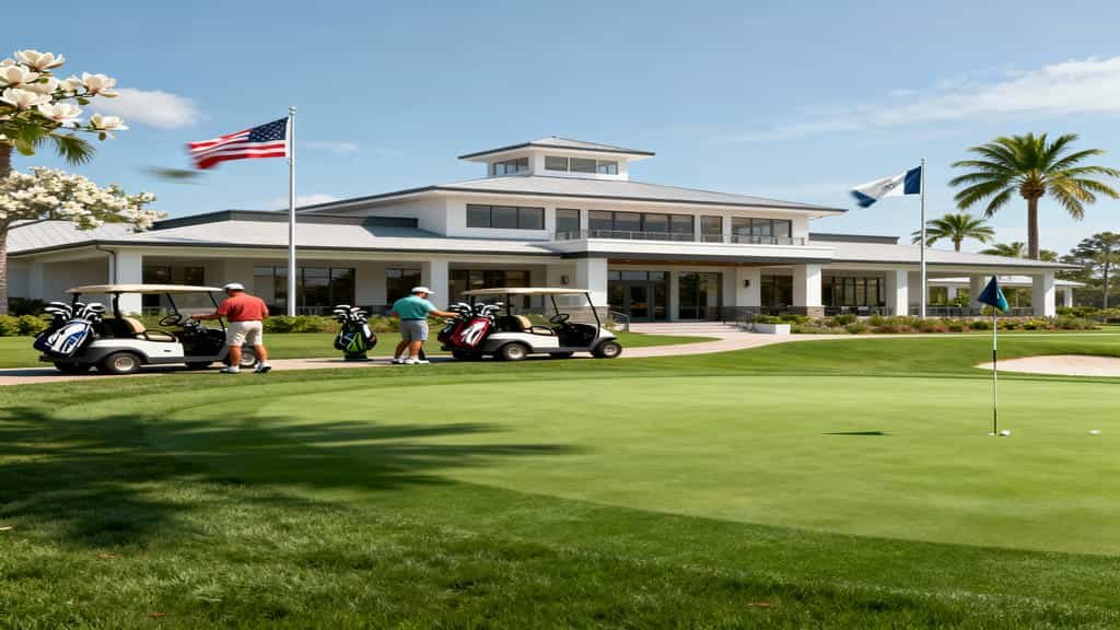 Clubhouse at Walt Disney World Golf with golfers and carts near the practice green under sunny skies.