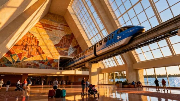 Disney monorail train passing through the Contemporary Resort's Grand Canyon Concourse atrium with Mary Blair's colorful Southwestern mosaic mural visible in the background during afternoon golden hour