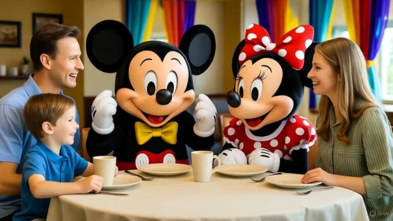 Family enjoying breakfast with Disney characters at a Florida resort restaurant.