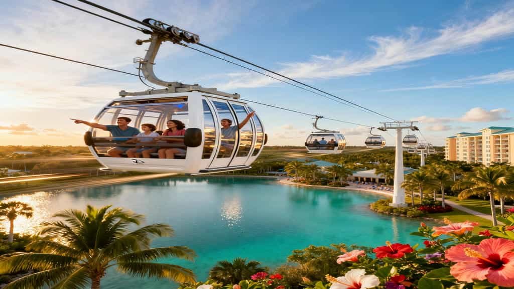 Disney Skyliner cabins soaring above Caribbean Beach Resort’s turquoise lagoon with palm trees and blue skies in the background.