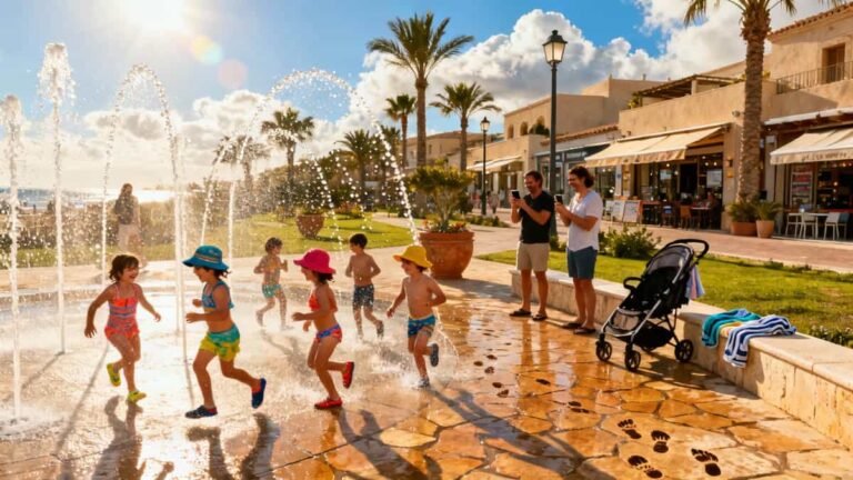 Disney Springs Guide: Children playing in Town Center fountain at Disney Springs with shopping areas in background