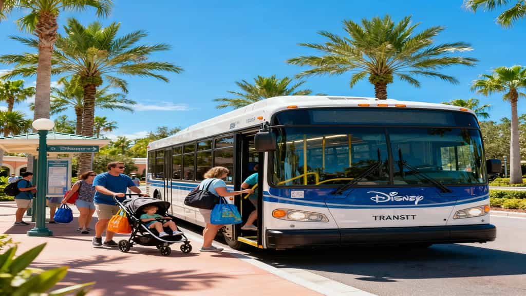 Disney Transport bus at resort bus stop with palm trees and families boarding under bright blue Florida sky.