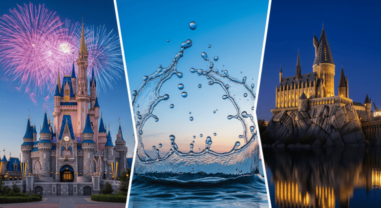 Disney & Universal Combo Tickets: Disney’s Cinderella Castle and Universal’s Hogwarts Castle with water park splash, representing Orlando’s Disney & Universal Combo.