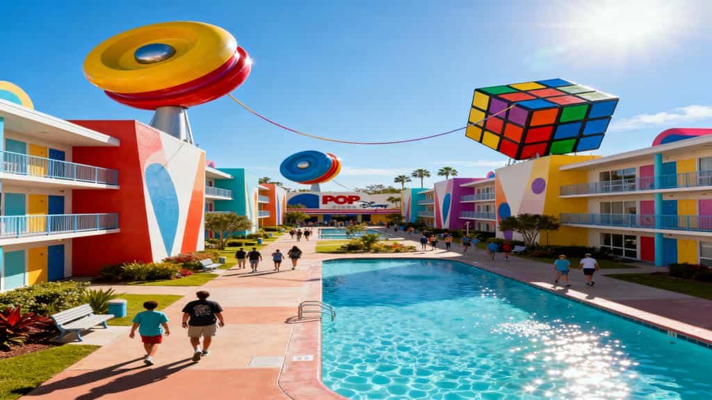 Where to Stay at Walt Disney World: Guests walking through Disney’s Pop Century Resort courtyard surrounded by colourful retro icons and sunshine.