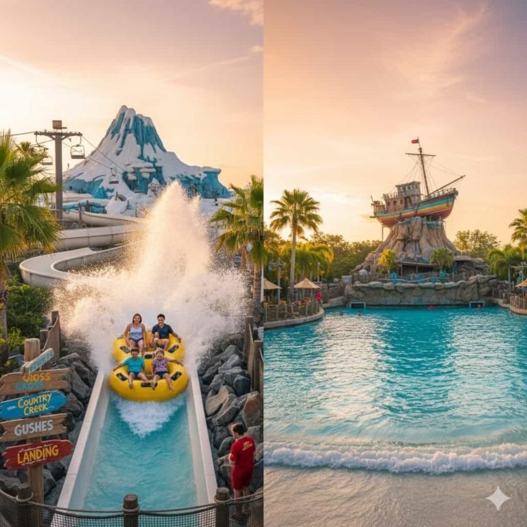 Families enjoying raft rides and surf pools at Disney’s Typhoon Lagoon and Blizzard Beach, golden-hour travel scene.