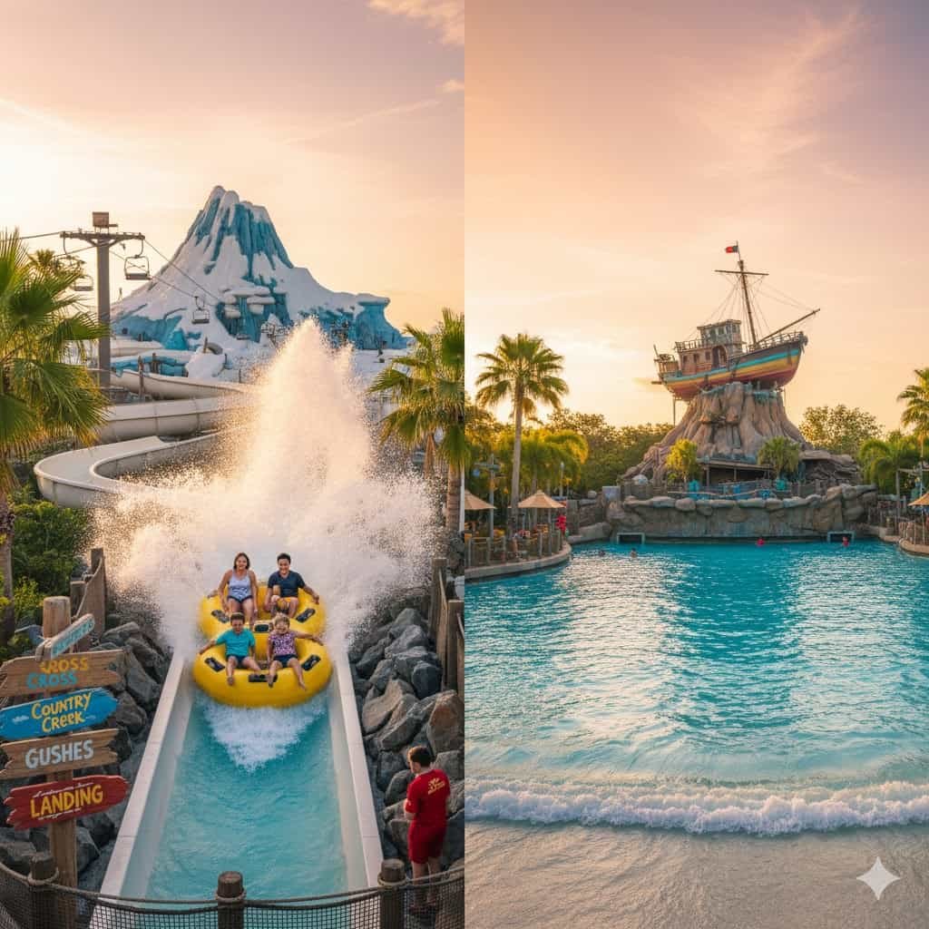 Families enjoying raft rides and surf pools at Disney’s Typhoon Lagoon and Blizzard Beach, golden-hour travel scene.