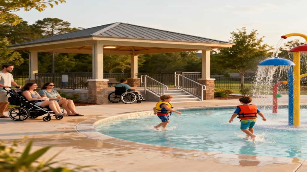 Family enjoying Disney water park with accessible cabana, life vests and inclusive features.
