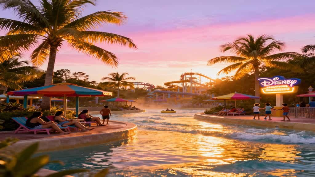 Golden hour at Disney water park with pastel sky, lazy river and glowing cabanas.