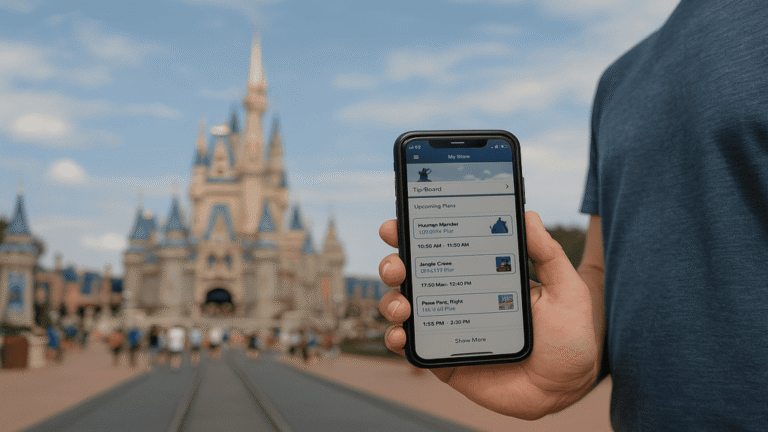 Walt Disney World Genie+ and Lightning Lane Explained: A Guest holding a phone with the Disney planning app in front of Cinderella Castle, Genie+ and Lightning Lane guide.