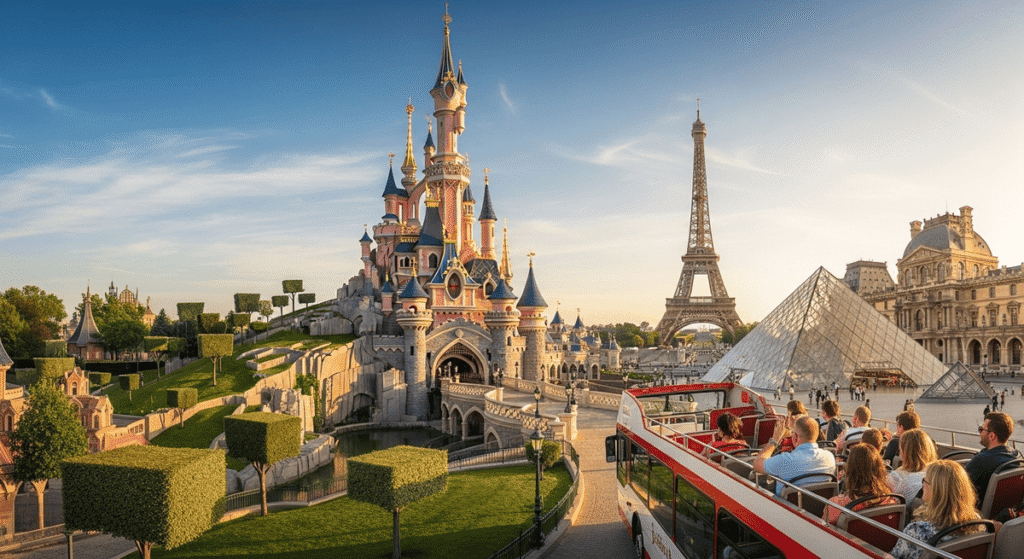Guests exploring Disneyland Paris’s Sleeping Beauty Castle with an open-top sightseeing bus in Paris passing the Eiffel Tower under bright blue skies. Disneyland Paris 4-Day 2-Park + Paris Bus Tour Tickets