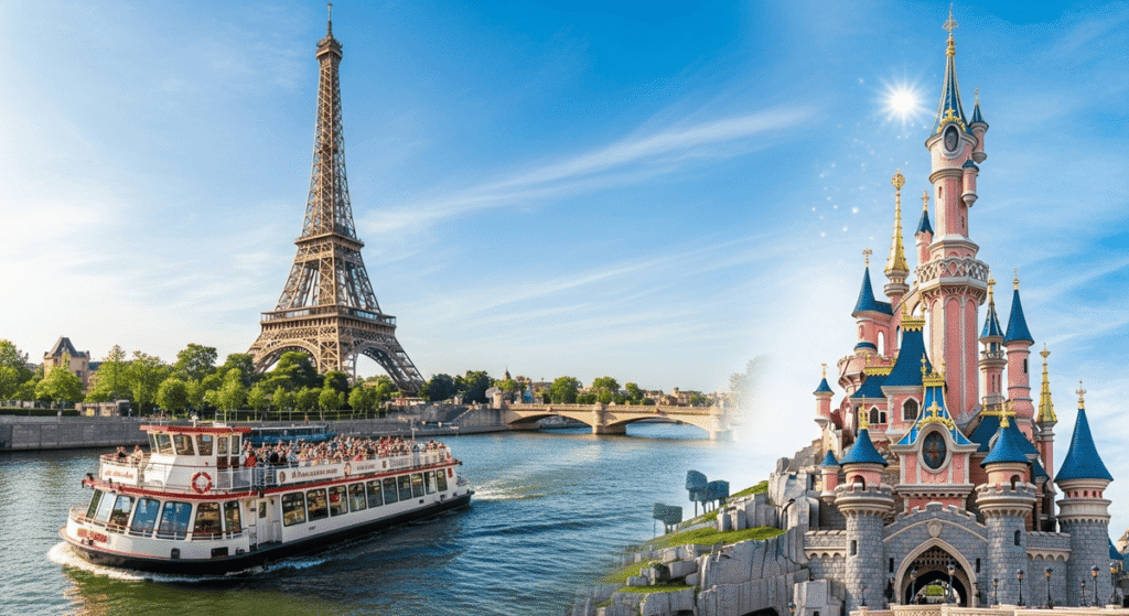 Disneyland Paris & Seine River Cruise Combo Tickets: Disneyland Paris castle with a Seine cruise boat passing the Eiffel Tower