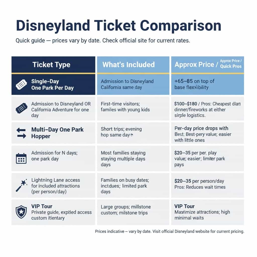 Horizontal infographic comparing Disneyland tickets. Structured in three columns, it details the Ticket Type, Inclusions, and Price/Pros for Single-Day, Park Hopper, Multi-Day, Genie+ add-on, and VIP Tour options against a blue and gold color scheme. The Singapore skyline is not present.