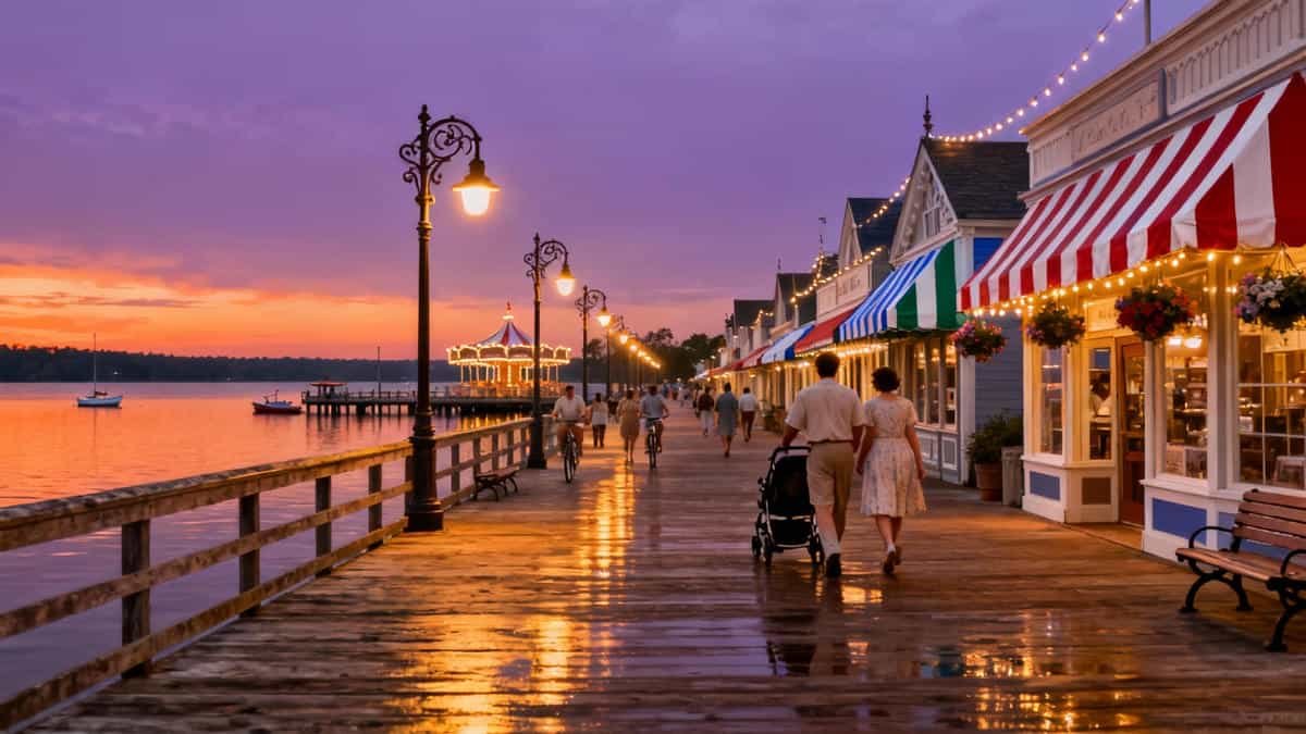 Disney's BoardWalk Orlando: Disney's BoardWalk waterfront promenade at sunset with vintage lampposts and striped awnings along Crescent Lake