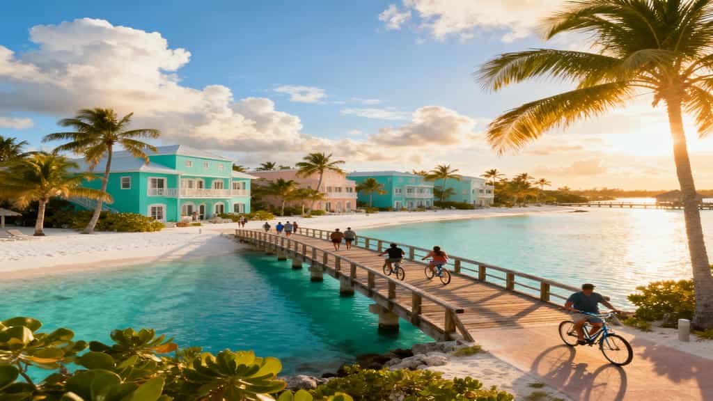 Morning view of Disney’s Caribbean Beach Resort with pastel Caribbean-themed buildings, palm trees, and calm lagoon under bright blue sky.