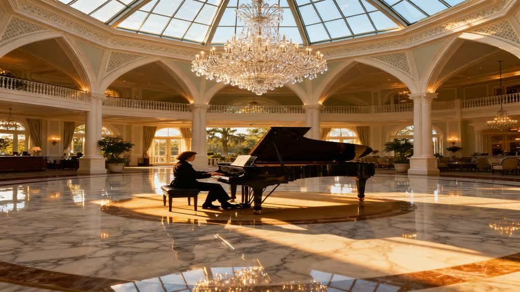 Grand piano performance under chandelier in the lobby atrium at Disney’s Grand Floridian Resort & Spa.