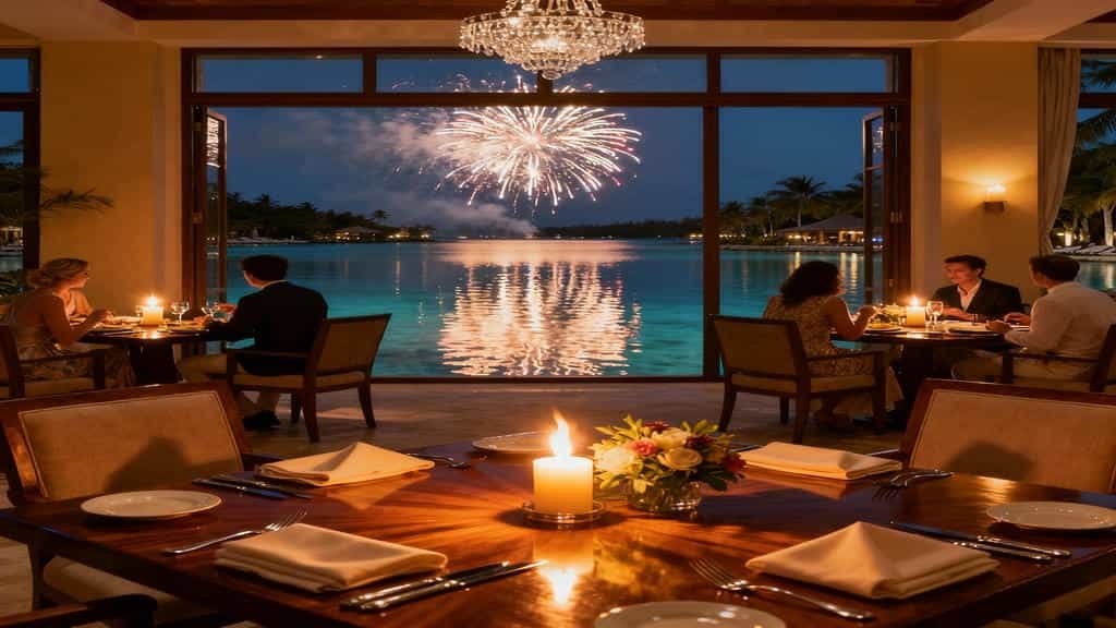 Guests dining at Narcoossee’s restaurant at Disney’s Grand Floridian Resort & Spa with lagoon and fireworks view.