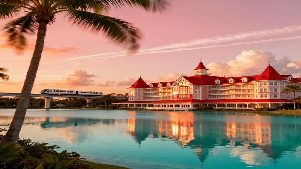 Sunset view across Seven Seas Lagoon toward Disney’s Grand Floridian Resort & Spa with monorail passing and palm trees.