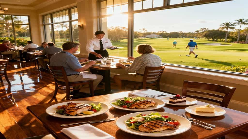 Guests having lunch inside The Grill at the Palms restaurant overlooking Disney’s Palm and Magnolia Golf Courses.