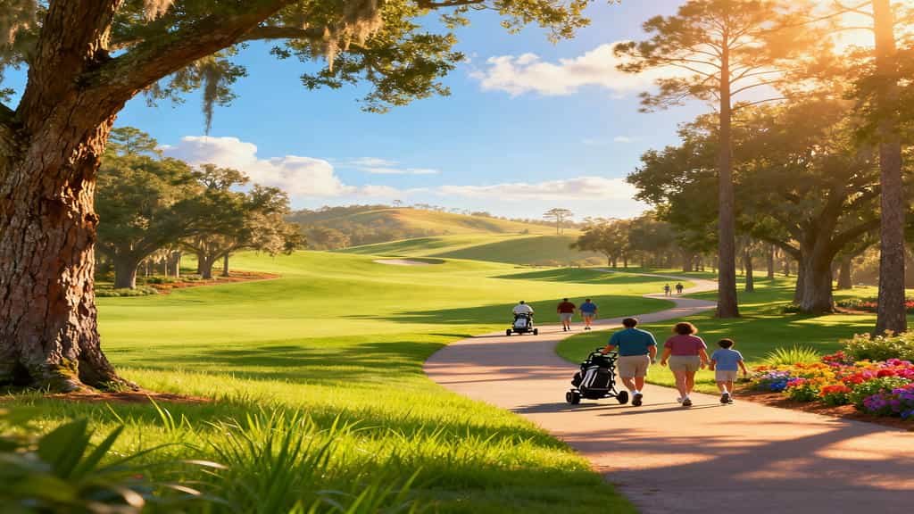 Family group walking along the fairway at Disney’s Oak Trail Golf Course with trees and sunshine in the background.