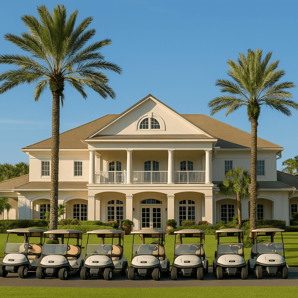 Disney’s Palm and Magnolia Clubhouse surrounded by palm trees and golf carts under clear blue skies in bright afternoon light.