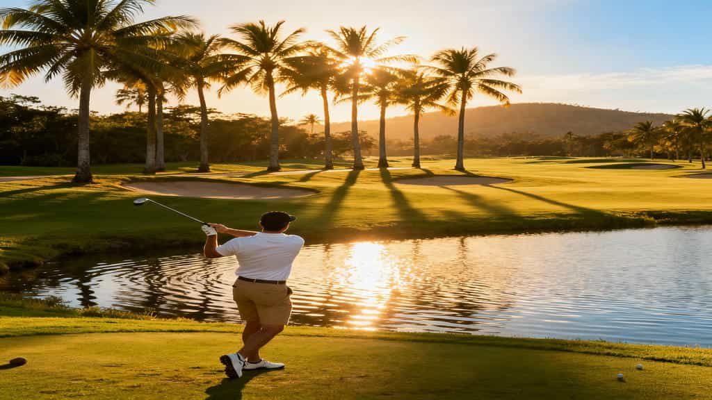 Golfer teeing off on Disney’s Palm Golf Course surrounded by palm trees and golden-hour sunlight.