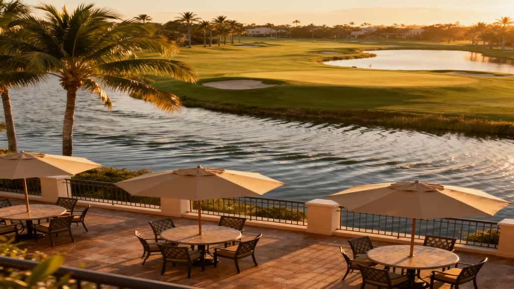 Terrace seating area overlooking greens at Disney’s Palm and Magnolia Clubhouse in the afternoon sun.